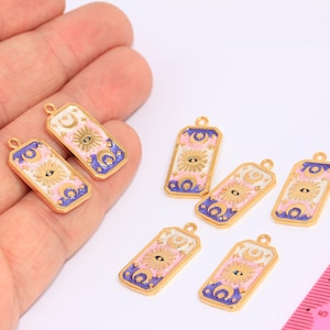 il de soleil, lune et étoiles en or brillant 24 carats 12 x 25 mm, carte solaire de tarot, pendentif soleil, médaillon soleil en or, breloques en émail, apprêts en or, MBGMTE690