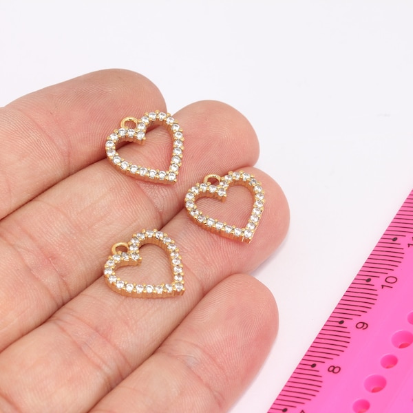 15mm 24k Shiny Gold CZ Heart, Micro Pave Heart Charms, Pave Heart Charms, CZ Heart Beads, Pearl Bracelet Beads, MBGMLS529