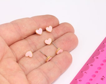 6x7mm Shiny Gold Heart Studs, Heart Shaped Stud Earrings, Minimalist Earrings, Pink Enamel Dainty Earrings, Gold Plated Findings, MBGXP292