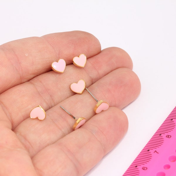Shiny Gold Plated  Heart Earrings, Heart Stud Earrings, Minimalist Earrings, Pink Enamel Dainty Earrings, Gold Plated Findings, MBGSLM497