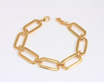 Bracciale a maglie ovali con catena in oro lucido 24k, bracciale rettangolare, braccialetti vistosi, braccialetti di dimensioni opzionali, componenti placcati in oro, MBGBXB153-4