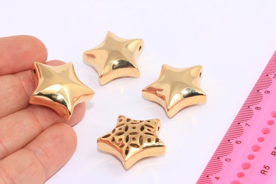 27mm 24k Shiny Gold Star Beads, Large Hole Beads, Puffed Star