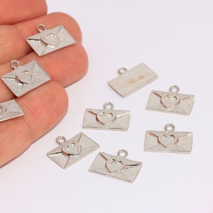 9x16mm Rhodium Plated Envelope Letter Charms, Envelope Pendant, Love Charms, Envelope With Heart, Silver Plated Findings, MBGCHK102-2