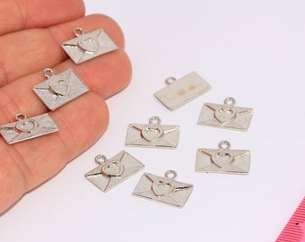 9x16mm Rhodium Plated Envelope Letter Charms, Envelope Pendant, Love Charms, Envelope With Heart, Silver Plated Findings, MBGCHK102-2
