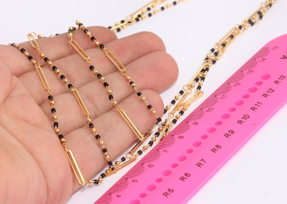 2mm 24k Shiny Gold Chain With Beads, Black Beaded Chain, Rosary Style Chains, Gold Ball Chain, Bulk Lot Chain,Jewelry Chain, rsc,  MBGBXB362