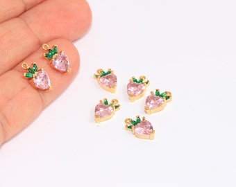 6x12mm 24k Shiny Gold Strawberry, CZ Strawberry Charms,  CZ Strawberry Bracelet Beads, Mini Fruit Charms, Gold Plated Findings, MBGMLS1091