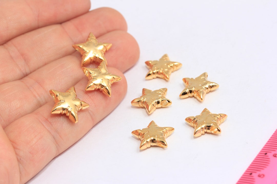 Puffed Stars 15mm 24k Shiny Gold Plated Star Beads, Large Hole Beads, Puffed Star ...