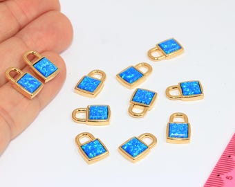 9.5x15mm 24k Shiny Gold Padlock Charms, Mini Lock Charm With Opal Stone, MBGMLS647