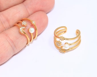 17mm 24k Shiny Gold Moon Ring, CZ White Stone Star And Moon Ring, Crescent Moon Ring, Stacking Ring With Pearl, Gold Plated Rings, MBGMLS641
