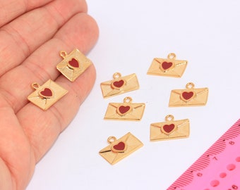 5 Pcs 24 Shiny Gold  Envelope Letter Charms, Envelope Pendant, Love Charms, Envelope With Red Heart, Gold Plated Charms, MBGCHK65-7