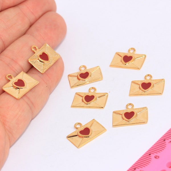 10x17mm 24 Shiny Gold  Envelope Letter Charms, Envelope Pendant, Love Charms, Envelope With Red Heart, Gold Plated Charms, MBGCHK65-7