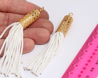 Pendientes de borlas con cuentas de oro brillante de 24 k (10 x 70 mm), borlas afganas blancas, borlas largas con cuentas, pendientes con borlas, accesorios chapados en oro, MBGMTE328