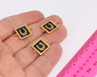 Shiny Gold Plated Black Enamel Horseshoe Charms, Square Medallion Necklace, Horseshoe Connector, Gold Plated Findings,  MBGSLM989