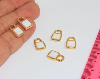 9.5x15mm 24k Shiny Gold Padlock Charms, Mini Lock Charm With Opal Stone, MBGAG88-1