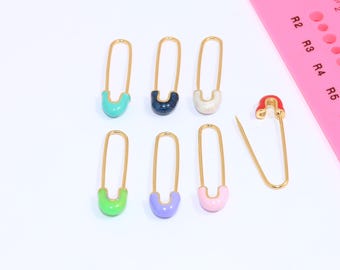 8x31mm 24k Shiny Gold Safety Pin Charm, Safety Pin Pendant, Optional Enamel Color Pin Charms, Safety Gold Plated Connector Charms, MBGSLM501