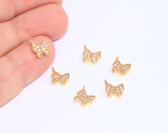 8 x 9 mm 24k Shiny Gold Schmetterling, Micro Pave Schmetterling Charms, CZ Schmetterling, Armband Anhänger Charms, Hellrosa Steinperlen, MBGROSE250-2