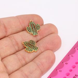 15x17mm 24k Shiny Gold Plated Cactus Charm, Micro Pave Cactus Pendant,  Green Stone Charms, Gold Plated Findings,   MBGMLS696