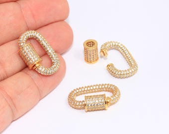 17x26mm 24k Shiny Gold CZ Oval Screw Clasps, Micro Pave Opening Clasp Charms, CZ White Stone Necklace Clasp, Gold Plated Findings, MBGBRT858