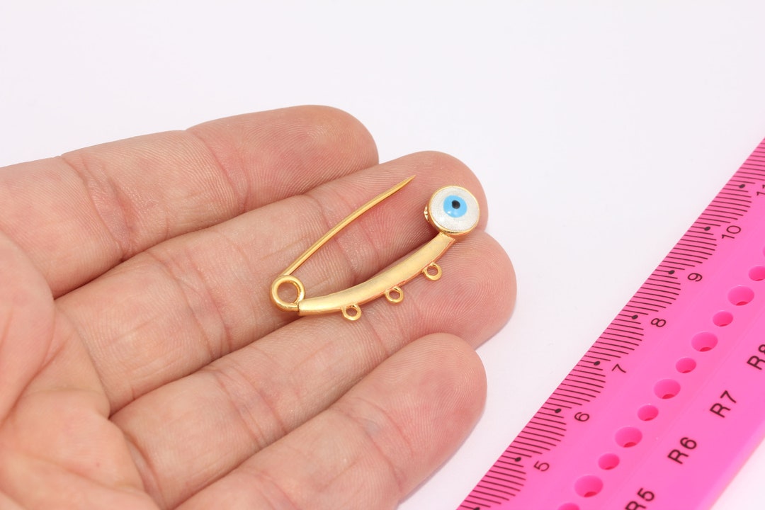 14x35mm 24k Shiny Gold Evil Eye Safety Pin With Loops, White Evil Eye Baby Protection, Cute Evil