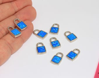 9.5x15mm Rhodium Plated Padlock Charms, Mini Lock Charm With Blue Opal Stone, MBGMGN112