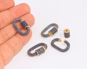 17x24mm 24k Shiny Gold Oval Screw Clasps, Micro Pave Opening Clasp Charms, CZ Blue Stone Screw Clasp, Gold Plated Findings, MBGCHK333-5