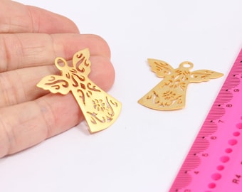 33x34mm 24k Matt Gold Plated Angel Charms, Angel Pendant, Filigree Angel Necklace Charms, Gold Plated Findings, MBGMTE9