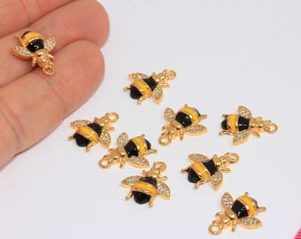 21x26mm 24k Shiny Gold CZ Bee Charm, Micro Pave White Stone Bee Pendant, Enamel Beem MBGMGN86