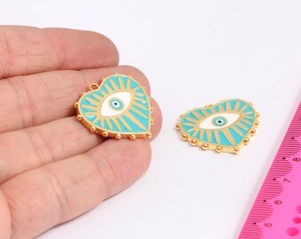 27x28mm 24k Shiny Gold Plated Heart, Enamel Charms, Gold Heart Necklace, Evil Eye Pendant, Gold Plated Findings, MBGMTE126