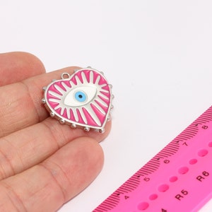 27x28mm Rhodium Plated Heart Charms, Pink Enamel Evil Eye Charms, Heart Medallion Necklace, Evil Eye Pendant, Silver Plated Charm, MBGXP8