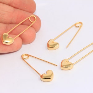 12 x 42 mm 24k 光沢のある金メッキ安全ピンチャーム、ハート型安全ピンペンダント、安全ピンイヤリング、コネクタチャーム、ゴールドピン、MBGMTE805