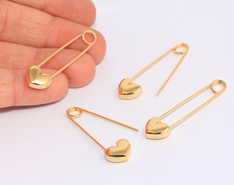 12x42mm 24k Shiny Gold Plated Safety Pin Charm, Heart Shaped Safety Pin Pendant, Safety Pin Earrings, Connector Charm, Gold Pin, MBGMTE805