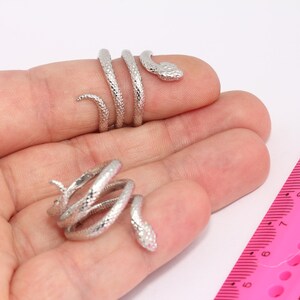 May include: Two silver snake rings, one coiled around a finger and the other lying on a hand. The rings are detailed with textured scales.