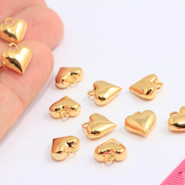 10x11,5mm 24k Shiny Gold Heart Charms, Drop Heart Beads, Puffed Heart Charms, Mini Heart Pendant, Gold Plated Findings, MBGMTE680