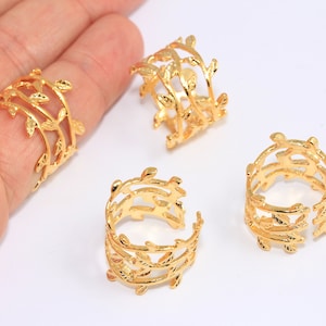 18mm 24k Shiny Gold Flower Rings, Triple Wire Leaf Rings, Wide Statement Rings, Adjustable Ring, Gold Plated Rings, MBGBXB300-3