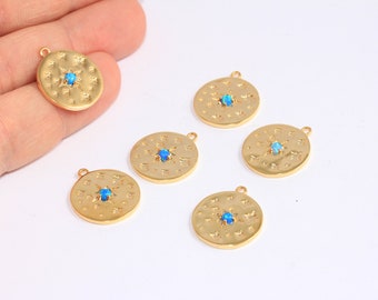 17mm 24k Shiny Gold CZ Star Medallion, CZ Star Charm, Micro Pave Blue Stone Stars, CZ Star Pendant, Gold Plated Findings, MBGBXB406-6