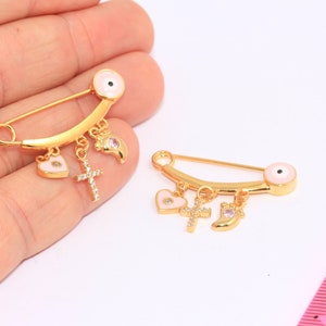 14x35mm 24k Shiny Gold Pink Evil Eye Baby Protection, Enameled Hand, Enameled Heart, Cute Evil Eye Baby Clothing Pin, MBGCMR137