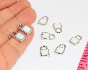 9.5x15mm Rhodium Plated Padlock Charms, Mini Lock Charm With Opal Stone, MBGAG89-1