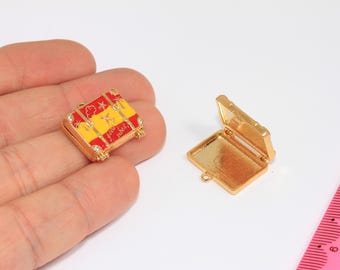 24k Shiny Gold CZ Suitcase Charm, Enamel Travel Bag Pendant, Spain Flag Necklace Pendant, MBGMGN89-3