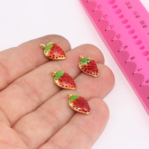 24k Shiny Gold Plated Strawberry Charms, Strawberry Enamel Charms, Strawberry Bracelet Beads, Fruit Charms, Gold Plated Findings MBGMLS90