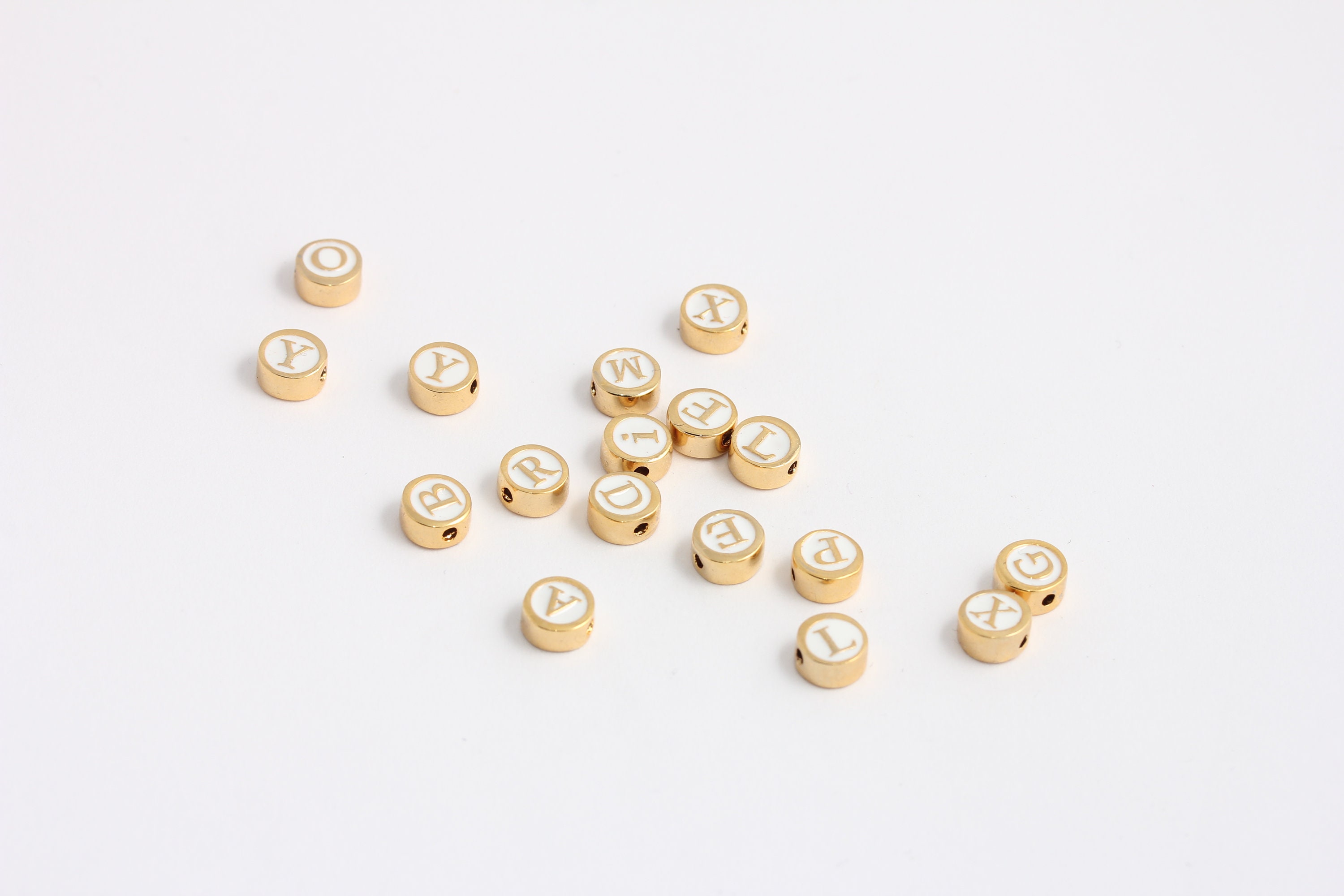 3.5x7mm 24k Shiny Gold Round Letters, White Color Enamel Alphabet ...