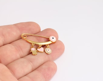 Protection de bébé mauvais œil or rose 24 carats 14 x 35 mm, main émaillée, coeur émaillé, épingle à vêtements de bébé mignon mauvais œil, MBGKDR40-2
