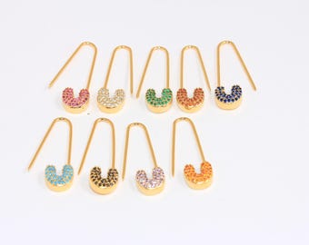 10x32mm 24k Shiny Gold Safety Pin Earrings, CZ Micro Pave Pin Earrings, Statement Earrings, Safety Pin Pull Through Drop Earrings, MBG