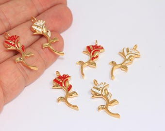 12x31mm 24k Shiny Gold Rose Pendant, Optional Enamel Color Flower Charm, Rose Flower Pendant, Necklace Charm, Gold Plated Findings, MBGMTE