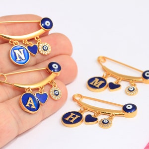 14x35mm 24k Shiny Gold Evil Eye Safety Pin With Loops, Blue Evil Eye Baby Protection, Personalized Evil Eye Baby Clothing Pin, MBGHRN74-2