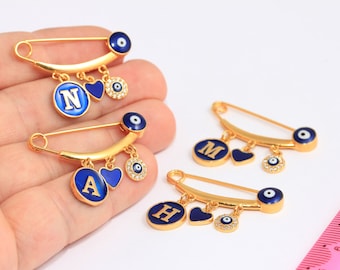14x35mm 24k Shiny Gold Evil Eye Safety Pin With Loops, Blue Evil Eye Baby Protection, Personalized Evil Eye Baby Clothing Pin, MBGHRN74-2