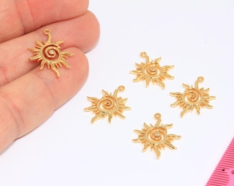 24k Shiny Gold CZ Sun Medallion, Micro Pave White Stone Sunburst Charms, MBGMGN85