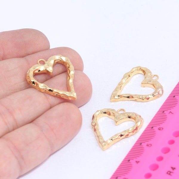 24k Shiny Gold Plated Heart Charms, Hammered Heart Pendant, Heart Necklace Charms, Outline Heart Charm, Gold Plated Findings  MBGAE293