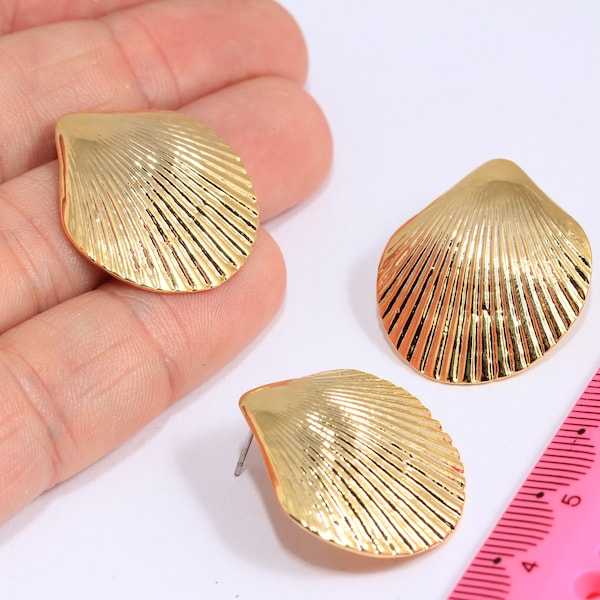 26x28mm 24k Shiny Gold Shell Earrings, Sea Shell Stud Earrings, Gold Earrings, Shell Earrings, Gold Plated Findings,  MBGROSE95