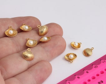 11mm 24k Shiny Gold Plated Sea Shell Charm, Seashell Charm, Oyster Necklace Pendant, Beach Jewelry, Gold Plated Charms,  MBGMTE778-2