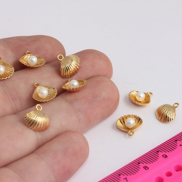 11mm 24k Shiny Gold Plated Sea Shell Charm, Seashell Charm, Oyster Necklace Pendant, Beach Jewelry, Gold Plated Charms, MBGMTE778-2